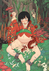 artist_request barefoot blood blush bondage bottomless broken_rape_victim chains clothing feet fucked_silly gore guro helpless larva mushishi outdoors outside pussy renzu renzu_(mushishi) stomach_bulge tears tentacle tree worm