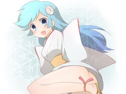 1girls ass blue_hair blush breasts dororon_enma-kun female hair_ornament japanese_clothes long_hair no_panties pointy_chin princess skull_hair_ornament smile yuki_onna yukiko_hime