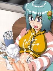 aqua_hair blue_hair bukkake butakoma_300g censored cfnm character_request clothed_female_nude_male cum cum_on_body cum_on_clothes cum_on_self ejaculation facial futanari highres intersex masturbation penis purple_eyes sweater sweater_lift vitamin_gai zipper