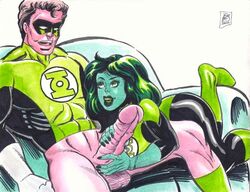 1boy 1boy1girl 1girls 2d balls dc dc_comics female green-skinned_female green_eyes green_hair green_lantern green_lantern_(series) green_lantern_corps green_skin hal_jordan jade_(dc) jennifer-lynn_hayden male penis rob_durham sex straight superhero superheroine testicles uncensored