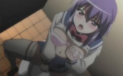 animated animated_gif blush bra breasts cap fondle fujino_shion groping hatsu_inu hatsuinu large_breasts lingerie masturbation moaning pink_pineapple purple_eyes purple_hair ribbon school_uniform schoolgirl screencap screenshot thighhighs toilet underwear