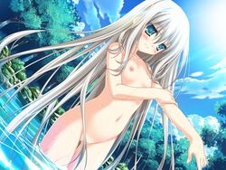 11eyes 1girls bathing blue_eyes blush breasts convenient_censoring female game_cg long_hair navel nipples nude outdoors rizetto_verutooru silver_hair sky small_breasts smile solo water wet