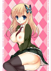 blonde_hair blush boku_wa_tomodachi_ga_sukunai breasts butterfly_hair_ornament buttons cover female hair_ornament hairclip human kuroe_(sugarberry) long_hair necktie nipples open_clothes open_mouth open_shirt original pointy_chin school_uniform sena_kashiwazaki shirt skirt solo thighhighs zettai_ryouiki