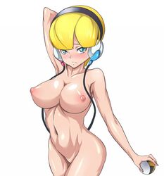 64_(xfour) arm_up bad_id blonde_hair blush breasts elesa_(pokemon) elesa_(pokemon_bw) gym_leader headphones large_breasts nintendo nipples nude poke_ball pokemon pokemon_bw