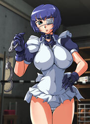 beauty_mark big_breasts blue_hair breasts cameltoe erect_nipples eye_patch handcuffs highres ikkitousen large_breasts maid panties ryomou_shimei underwear