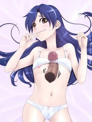 1boy 1girls blue_hair bra breasts brown_eyes censored dark-skinned_male dark_skin disembodied_penis female flat_chest human idolmaster interracial kisaragi_chihaya lingerie male male_pov naizuri paizuri paizuri_under_clothes penis pov straight sweatdrop tkhs underwear