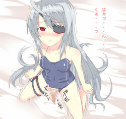 censored eye_patch infinite_stratos kneeling kurifuto laura_bodewig long_hair penis red_eyes sex silver_hair tear translation_request vaginal_penetration