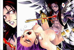 1boy 1boy1girl 1girls ahe_gao ahegao athena_(saint_seiya) blood breasts cum cum_on_body cum_on_breasts cum_on_face erect_nipples eyes_rolling_back female god goddess hades_(saint_seiya) highres impaled long_hair nipples nude purple_hair rape red_eyes saint_seiya saori_kido shounen_jump spear sweat