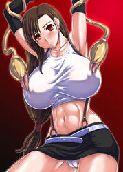 anglachel arms_up belt big_breasts blush breasts brown_hair earrings elbow_gloves erect_nipples female final_fantasy final_fantasy_vii gloves highres human jewelry large_breasts long_hair midriff miniskirt panties pantyshot red_eyes skirt suspenders tank_top tentacle tifa_lockhart underwear upskirt white_panties