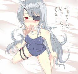 censored eye_patch fellatio infinite_stratos kneeling kurifuto laura_bodewig long_hair oral penis red_eyes silver_hair translation_request