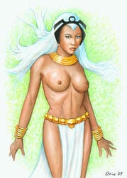 1girls 2007 blue_eyes breasts casual_topless dark-skinned_female dark_skin female female_only loincloth_only long_hair marvel marvel_comics nipples ororo_munroe osias solo storm_(x-men) tiara topless white_hair white_loincloth x-men