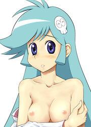 1girls 2010s big_breasts blue_hair blush breasts collarbone dororon_enma-kun female hair_ornament highres large_breasts long_hair nipples purple_eyes solo yuki_onna yukiko_hime