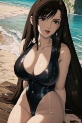 ai_generated beach black_hair breasts clothing female female_only final_fantasy final_fantasy_vii high_resolution large_breasts latex mature mature_female one-piece_swimsuit red_eyes retromage sand see-through see-through_swimsuit solo swimsuit tifa_lockhart very_high_resolution water