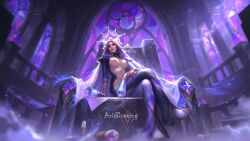 abuelamarta aciddrawing blue_hair breasts broken_covenant_miss_fortune_prestige_edition broken_covenant_series crown edited edited_official_artwork gun heel_boots heels image league_of_legends league_of_legends:_wild_rift light mantle miss_fortune pink_eyes pink_hair prestige_skin shadow throne