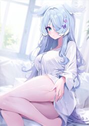 1girls ass blue_hair bottomless deyui dragon_girl elira_pendora female female_only grabbing_own_ass hair_over_one_eye head_wings laying_on_bed light-skinned_female light_skin long_hair looking_at_viewer messy_hair nijisanji nijisanji_en shirt_only thighs virtual_youtuber white_shirt