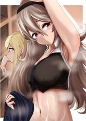 2girls alternate_hairstyle armpits bare_midriff bathroom blonde_hair breasts cleavage corrin_(fire_emblem) corrin_(fire_emblem)_(female) elise_(fire_emblem) female female_only fire_emblem fire_emblem_fates frown grey_hair hair_between_eyes hair_down indoors long_hair medium_breasts midriff multiple_girls musk nenemu0 nintendo pink_eyes pout red_eyes siblings sisters smell solo_focus steam steaming_body steamy_armpits sweat sweating sweaty