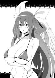 1girls angel_wings arm_under_breasts asymmetrical_wings bare_shoulders bikini black_bikini black_choker blush breasts choker collarbone dizzy_(guilty_gear) female fuuma_(bangolga1) greyscale guilty_gear hair_between_eyes hair_rings highres holding_own_arm large_breasts long_hair mature_female milf monochrome navel open_mouth sagging_breasts sideboob sidelocks skindentation solo stomach sweat sweatdrop swimsuit twintails underboob wings