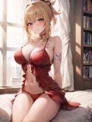 1girls ai_generated babydoll babydoll_lingerie blonde_hair breast_tattoo breasts choker cleavage female g-string genshin_impact gold_eyes indoors large_breasts lingerie ponytail red_lingerie smile stable_diffusion thighs yoimiya_(genshin_impact)