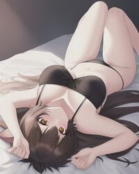 ai_generated aphmau_(youtuber) big_breasts black_bra black_panties bra brown_eyes brown_hair female female_focus female_only laying_down laying_on_back laying_on_bed lim3n_ai long_hair long_hair_female looking_at_viewer melissa_lycan panties perfect_body skinny_waist wolf_ears wolf_girl