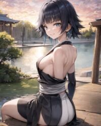 ai_generated back black_hair bleach bleach_soifon blush gray_eyes kakashi_h.#4030_artist lewd_clothing looking_at_viewer side_view sideboob small_breasts smile soifon