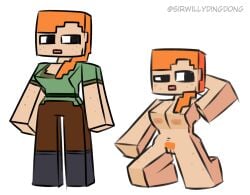 1girls alex_(minecraft) april_fools arm_behind_head artist_name clothed clothed/nude completely_nude completely_nude_female dressed_undressed female female_only full_body kneeling minecraft mojang naked naked_female nude nude_female pubic_hair sirwillydingdong solo solo_female square_head twitter_username