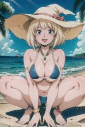 ai_generated blonde_hair blue_eyes breasts clothing female female_only hat headwear high_resolution large_breasts mature mature_female one-piece_swimsuit retromage see-through see-through_swimsuit solo swimsuit very_high_resolution water witch witch_hat