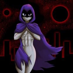 1girls abs athletic_female belly_button dc dc_comics female female_only fit_female muscular_female navel nude nude_female purple_eyes rachel_roth raven_(dc) sandspire six_pack small_breasts solo solo_female teen_titans