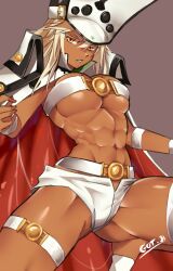 1girls abs arc_system_works athletic_female belt big_breasts blonde_hair bra breast_press cape dark-skinned_female dark_skin female_only gojich1 guilty_gear guilty_gear_xrd hat large_breasts looking_at_viewer muscular_female navel o-ring o-ring_top platinum_blonde_hair ramlethal_valentine revealing_clothes short_shorts shorts strapless strapless_bra thick_thighs yellow_eyes