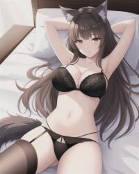 ai_generated aphmau_(youtuber) big_breasts black_bra black_panties bra brown_eyes brown_hair female female_focus female_only laying_down laying_on_back laying_on_bed lim3n_ai long_hair long_hair_female looking_at_viewer melissa_lycan panties perfect_body skinny_waist wolf_ears wolf_girl wolf_tail