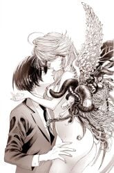 1boy angel_wings ass aya_carmine banana body_horror bone breasts closed_eyes clothed_male_nude_female collared_shirt completely_nude cowboy_shot expressionless feathers female flower_wings food formal fruit greyscale hand_on_another's_thigh highres hitomi_hirosuke_(sayonara_wo_oshiete) holding holding_feather leaf_wings long_hair looking_at_viewer mismatched_wings monochrome necktie nude parted_lips penis plant_wings sayonara_wo_oshiete shirt simple_background small_breasts snake straight sugamo_mutsuki suit tendril tongue upper_body wings