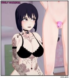 1boy 1girls 3d bella_smith_(bella_spades) bella_spades big_breasts chastity chastity_cage chastity_device cuckold english_text female femdom goth jason_foster koikatsu large_breasts light-skinned_female light-skinned_male light_skin male netorare ntr original qos queen_of_spades queen_of_spades_symbol small_penis small_penis_humiliation spade_tattoo submissive_male tattoo text