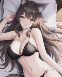 ai_generated aphmau_(youtuber) big_breasts black_bra black_panties bra brown_eyes brown_hair female female_focus female_only laying_down laying_on_back laying_on_bed lim3n_ai long_hair long_hair_female looking_at_viewer melissa_lycan panties perfect_body skinny_waist wolf_ears wolf_girl wolf_tail