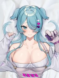 1girls arms_up big_breasts blue_hair blush breasts cleavage dragon_girl elira_pendora embarrassed female female_only glove hair_over_one_eye head_wings large_breasts light-skinned_female light_skin lying_on_back lying_on_bed mole mole_on_armpit mousepad_design nijisanji nijisanji_en oimo_buster overalls shirt_down skin_fang solo sweatdrop sweater virtual_youtuber