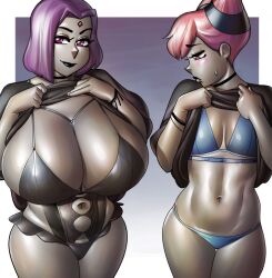 2023 2girls alternate_breast_size big_breasts bikini black_lips breast_envy breasts_bigger_than_head cleavage comparing comparing_breasts dc dc_comics female female_focus female_only grey_skin huge_breasts jinx_(dc) large_breasts multiple_girls pale-skinned_female pale_skin ph pink_hair purple_eyes purple_hair rachel_roth raven_(dc) small_breasts superheroine supervillain sweat swimsuit teen_titans thick_thighs voluptuous voluptuous_female wide_hips