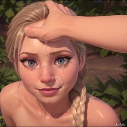 3d after_fellatio ai_generated blonde_hair blue_eyes cum cum_on_face cumshot cursed disney disney_princess elsa_(frozen) facial frozen_(film) hand_on_head