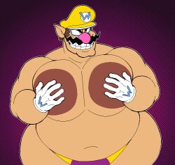 1boy bara bara_tiddies bara_tits big_areola big_areolae big_belly big_breasts big_moobs big_smile bobthetanuki busty_boy cleft_chin extrasizedbob fat fat_man gay gloves hat huge_breasts huge_moobs male male_only male_with_breasts manboobs mario_(series) moustache nintendo obese obese_male overweight overweight_male pink_nose purple_background simple_background solo solo_male standing thong topless wario