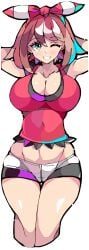 alternate_breast_size arms_behind_head bow brown_hair cleavage enpe hairbow large_breasts may_(pokemon) may_(pokemon_oras) medium_hair midriff pokemon pokemon_oras red_shirt short_shorts smile thick_thighs thigh_gap white_shorts wink