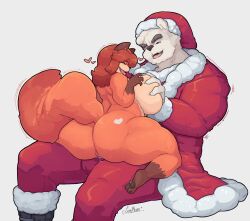 absurd_res anthro ass bear big_breasts big_butt bodily_fluids breast_grab breasts brown_body brown_fur canid canine christmas christmas_clothing christmas_headwear clothed clothing costume cum cum_in_pussy cum_inside cumbread duo female female_penetrated fluffy fluffy_tail fox from_front_position fur genital_fluids hand_on_breast hat headgear headwear heart hi_res holidays huge_breasts interspecies male male/female male_penetrating male_penetrating_female mammal mastery_position nude open_mouth orange_body orange_fur penetration polar_bear red_clothing santa_costume santa_hat sex short_stack smile tail thick_thighs tongue tongue_out ursine white_body white_fur