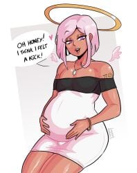 1boy 1femboy 2023 angel angel_wings anhel_(loggus_doggus) april_fools big_belly bulge cute femboy femboy_only halo lipstick loggus_doggus male male_only male_pregnancy mpreg necklace original_character pink_hair pregnant pregnant_belly pregnant_male simple_background solo tan_skin white_background wings