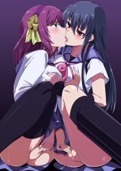 2girls angel_beats! black_footwear black_hair black_socks black_thighhighs boots bow breast_grab clothes_lift collarbone collared_shirt commission eye_contact fingering fingering_self french_kiss grabbing green_eyes hairband hairbow highres kissing knee_boots long_hair looking_at_another masturbation medium_breasts miniskirt multiple_girls nakamura_yuri neckerchief no_panties oki_kuro pink_neckerchief pixiv_commission pleated_skirt purple_hair purple_hairband purple_sailor_collar purple_skirt pussy pussy_juice red_eyes sailor_collar sailor_shirt saliva saliva_trail shiina_(angel_beats!) shinda_sekai_sensen_uniform shirt short_sleeves skirt skirt_lift socks straight_hair thighhighs uncensored very_long_hair white_shirt yellow_bow yuri