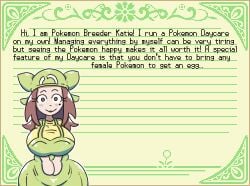 1girls beauty_mark brown_hair english_text human milkbuni overalls pokemon pokemon_breeder_(pokemon) pokemon_breeder_(pokemon_xy) pokemon_breeder_katie_(milkbuni) pokemon_xy text wide_hips