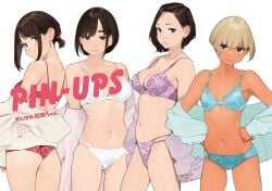 4girls ass back belly big_breasts bikini blonde_hair blue_bikini blush brown_eyes brown_hair dark-skinned_female dark_blue_eyes dark_skin douki-chan's_boss_(yomu_(sgt_epper)) douki-chan's_rival_(yomu_(sgt_epper)) douki-chan_(yomu_(sgt_epper)) earrings ganbare_douki-chan hands_on_hips hands_on_own_hips intern-chan_(yomu_(sgt_epper)) light-skinned_female light_skin looking_at_viewer medium_breasts miru_tights multiple_girls navel ponytail posing purple_bikini red_bikini short_hair shy simple_background small_breasts smile smug standing white_background white_bikini yomu_(sgt_epper)