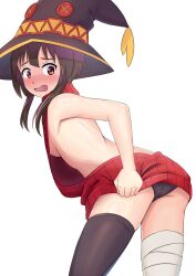 1girls ass black_panties highres kono_subarashii_sekai_ni_shukufuku_wo! looking_back megumin panties simple_background skyrail small_breasts solo sweater sweater_tug tagme taped_legs thighhighs underwear virgin_killer_sweater white_background witch_hat