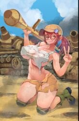 1girls bazooka censored_breasts chunkymoon destroyed_vehicle fio_germi metal_slug military no_sex one_eye_closed panzerfaust peace_sign peace_symbol peace_symbol_pin pose smiley_face smiley_face_pin tagme torn_clothes torn_clothing v