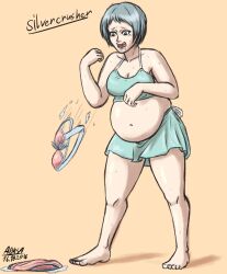 1girls a0iisa belly big_belly burping burping_up_clothes colored_sketch commission exposed_belly female_pred female_prey fuuka_yamagishi implied_digestion oral_vore persona persona_3 post_vore potbelly reluctant shorts silver_hair sketch struggling struggling_prey sweating underwear vore vore_belly