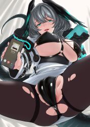 1girls arknights betrayal black_underwear breasts green_eyes grey_hair ho'olheyak_(arknights) jacket large_breasts legs_apart lin_jinghai long_hair long_sleeves nipples phone pussy spread_legs tail thighhighs