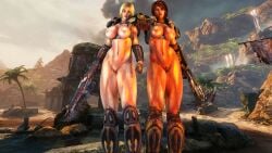 2girls anya_stroud armour beach big_breasts blonde_hair dark-skinned_female dark_skin epic_games gears gears_of_war gears_of_war_3 gears_of_war_4 gears_of_war_5 lancer light-skinned_female light_skin microsoft multiple_girls nude pose samantha_byrne short_hair the_coalition xbox_game_studios zeroreyko