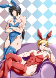 2boys black_hair blonde_hair blue_eyes bulge bunny_boy bunny_ears bunnysuit crossdressing jaune_arc kimmy77 leotard lie_ren male_focus male_only muscular muscular_male pose purple_eyes rwby thigh_boots wrist_cuffs