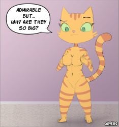 1girls anthro carpet feline fran_(litterbox_comics) fran_litterbox_comics furry green_eyes litterbox_comics milf no_clothes orange_body orange_fur purple_background tail text text_bubble