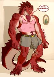 anthro armpit_hair banana_da_boi body_hair chest_hair hi_res lizard male pubes red_body red_scales reptile scales scalie solo spikes spikes_(anatomy) tail tongue tongue_out zartersus